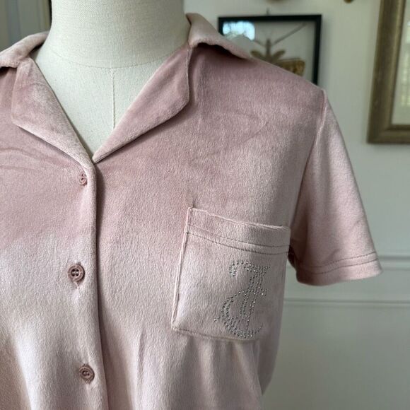 Juicy Couture Silky Soft Pink Velour Silver Bling Stud Cropped Button Up M - Picture 4 of 13